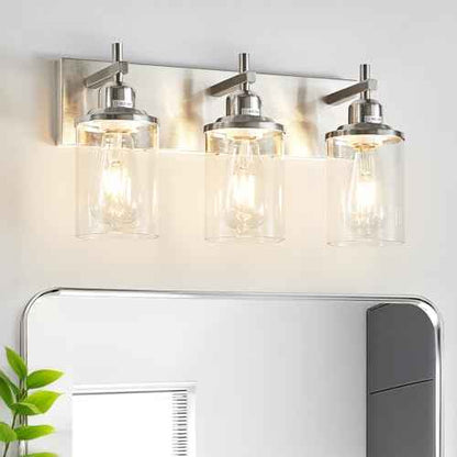 3-Light Brushed Nickel Bathroom Light Fixture Over Mirror Modern Bathroom Vanity Light Vintage Wall Lighting with Clear Glass Shade for Bathroom, Bedroom, Hallway, Cabinet