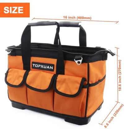 Tool Bag 16 Inch Molded Plastic Base Heavy Duty Waterproof Orange Tool Organizer Wide Mouth With Shoulder Strap for Power Tools and Hand Tools Oxford Cloth Fabric (16 Pockets)