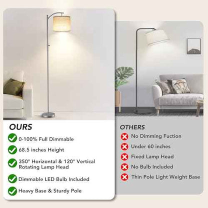 Dimmable Floor Lamp, Arc Floor Lamps for Living Room, Stepless Dimming Modern Standing Lamp with Linen Shade, Tall Lamp for Bedroom Office Dining Room- Silver