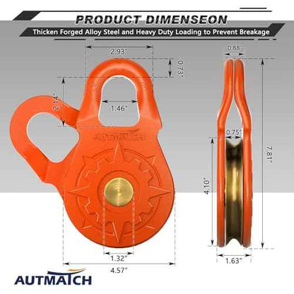 AUTMATCH Winch Snatch Block 18 Ton - Winch Pulley (79,366 Lbs) Break Strength, Heavy Duty Off Road Recovery Towing Pulley Blocks for Synthetic Rope or Steel Cable, Truck, UTV, ATV, Orange