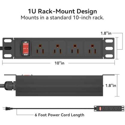 10" Rack PDU- 1U (4Outlets) 10-inch Mini Rack Power Distribution Unit with Protection (125V/15A 6ft Cable), Network Cabinet Rack Mount Power Strip (Wall, Desktop, or Server Rack Mountable)