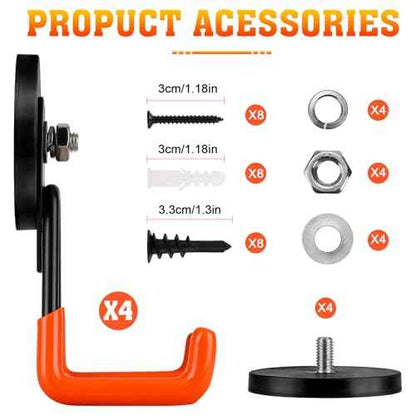 Large Magnetic Hooks Heavy Duty Magnetic Garage Hook,4 Pack Magnet Hooks with Anti-Slip Coating, Strong Storage Utility Magnetic Hook fo Metal Cabinet,Pegboard,Garage Shelve,Garden Tools(Orange,M)