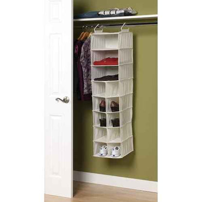 Household Essentials Hanging Shoe Organizer, Natural Canvas, With Clothes Storage, 10 Pockets and 3 Shelves, Collapsible, Cream