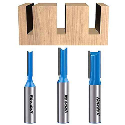 Straight Cut Router Bits, Newdeli 3pcs 1/2 Shank Double Flute Straight Router Bit Set Straight Dado Wood Milling Cutter with 1/4", 3/8", 1/2" (Dia.)