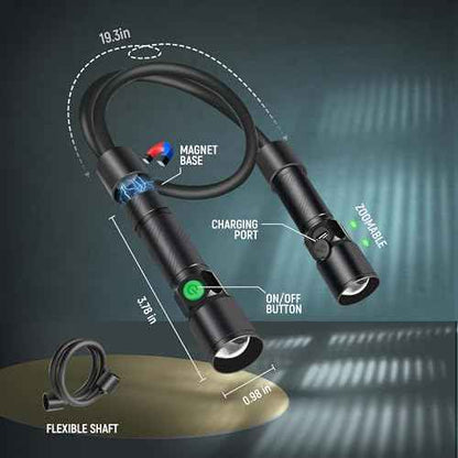 CLAKAP LED Neck Light, 1800Lumens Rechargeable Neck Flashlight with Magnetic Base, Detachable Neck Work Light with Zoomable Flashlight, Flexible Around Mechanic Neck Lamp for Car Repairing Reading