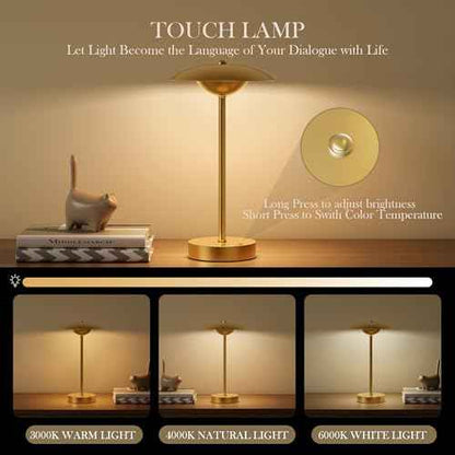 2 Pack Cordless Table Lamps, Rechargeable Battery Powered Lighting, Indoor/Outdoor Table Lamps for Patio Restaurant Home Dinner Dining Kitchen Bar Night Light Balcony,Waterproof & Wireless(Gold)
