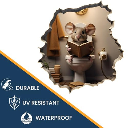 3D Mouse on Toilet Reading Book Wall Decal Sticker, Size 5 inches