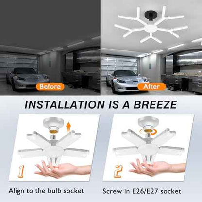2 Pack Garage Light Super Bright 6500K LED Ceiling Lamp Deformable Screw in E26/E27 Shop Light for Workshop Basement Attic Warehouse