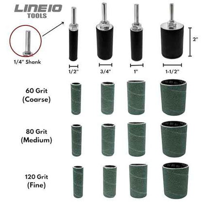LINE10 Tools 16pk Zirconia Sanding Drum and Sleeves Set, Spindle Sander Attachment for Drill and Drill-Press, Die-Grinder, 2-inch Extra Long Surface, Ideal for Knife Making, Works on Stainless Steel