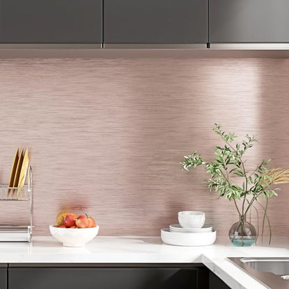 Rose Gold Stainless Steel Contact Paper for Kitchen Pink Metallic Wallpaper Waterproof Brushed Metallic Wall Paper Textured for Kitchen Backsplash Cabinets Countertops Fridge Appliances