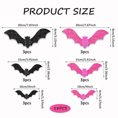 18 Pieces Halloween Bats Wall Decor, 3 Sizes 3D Glitter Pink Black Bats Stickers for Halloween Party Home Kitchen Bedroom Bathroom Decorations