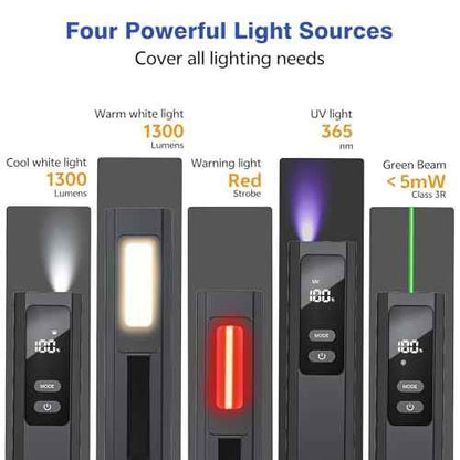 EDC Flashlight 4 in1 Magnetic Flashlight High Lumens Work Light with Green Beam & UV & Warning Light Combo EDC Flashlight Rechargeable LT-010 (Black)