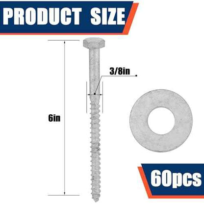 Tandefio 60 Pack 3/8 x 6'' Lag Screw Kit with Washers Hot Dip Galvanized Hex Lag Bolts Heavy Duty Wood Screws for Wood Decks Fences