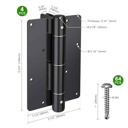 5-3/4" Self-Closing Gate Hinges Heavy Duty 4-Pack - Black Steel Spring Hinges for Wood Fence, Vinyl Gates, Pool & Garden | Weatherproof Electrophoretic Finish