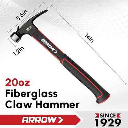 ARROW 20oz Straight Claw Hammer with Magnetic Nail Holder, Smooth Face and Forged Steel Head, Shock-Absorbing Fiberglass Handle, for Carpentry and General Purpose