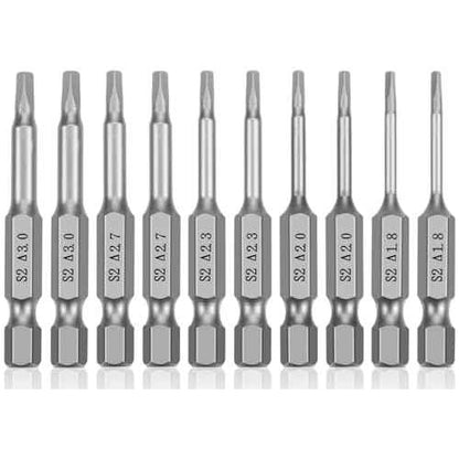 Triangle Drill Bit Set (10pcs- 2" Long S2 Steel Magnetic Heads) 1/4 Inch Hex Shank Triangle Screwdriver Bits Sizes 1.8mm, 2mm, 2.3mm, 2.7mm, 3mm (2 of Each Size)
