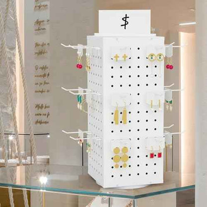 Rotating Pegboard Display Stand with 24 Hooks, Tabletop Metal Peg board Shelf for Craft Shows & Fairs, Retail Stores, Vendors Arts and Crafts Finishing - 4-Sided Craft Rack Organizer (White)