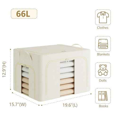 Pinkpum 3 Pack Clothes Storage Bins with Metal Frame, Closet Organizers and Storage Boxes, Stackable & Foldable Clothes Organizer Bags with Large Clear Window & Long Carry Handles, Beige 66L