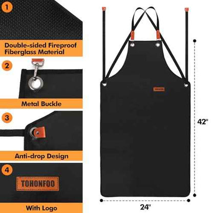 TOHONFOO Welding Apron Fireproof, 24'' x 42'' Double Side Silicone Coated Fiberglass Welding Apron for Men Welders, Fireproof Waterproof Welding Work Apron, Easy to Clean, Black