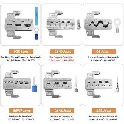 6-in-1 Crimping Tool Set, Wire Crimping Tool with Quick-Change 6 Dies (40Cr), Ratcheting Wire Crimper Tool for Dupont, Ferrule, Open Barrel, Heat Shrink/Insulated, Non-Insulated & Solar, Case Included