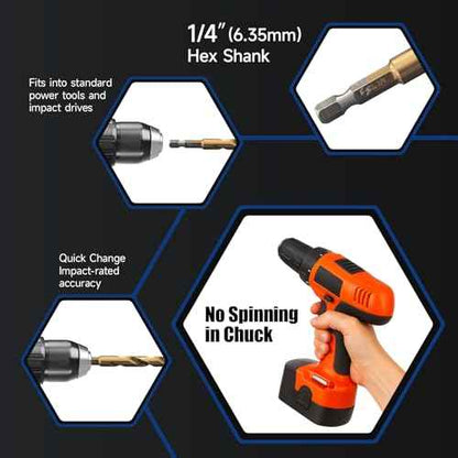 Pro Edge 24 Pcs Hex Shank Drill Bit Set for Impact Driver, Anti-Walking 135-Degree Tip, HSS Twist Titanium Drill Bits for Metal, Steel, Wood Plastic, with Storage Case (1/16"-1/2")