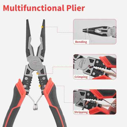 Needle Nose Pliers, HOUSERAN Long Needle Nose Pliers with Wire Stripper and Crimper, 8.3 Inch Long Nose Pliers, Spring Loaded with Safety Lock, 5-in-1 Needle Nose for Bending, Crimping, Stripping