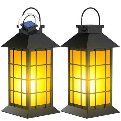 2 Pack 13" Black Solar Lantern with Flickering Flame Candle | Outdoor Waterproof Hanging Solar Lanterns, Metal & Glass Lights for Garden Decoration, Rustic Gifts for Mom