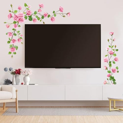 SHUCHING Pink Rose Wall Stickers Peel and Stick, Flower Wall Decals, Vinyl Art for Girl Bedroom Living Room Sofa Backdrop TV Wall Decor