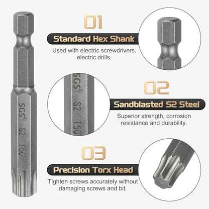 HARFINGTON 3pcs T50 Torx Head Screwdriver Bit 1/4" Hex Shank 2.6" (65mm) Long Magnetic No Hole Tip Tamper Proof 6 Point Star Screw Driver Drill Bits S2 Steel Industrial Power Screwdrivers