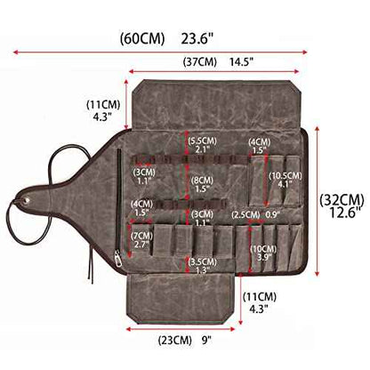 TOURBON Waxed Canvas Tool Roll Up Bag, 25-Pocket Wood Carving Chisel Carrying Case, Multi-Purpose Tool Pouch with Zipped Compartments