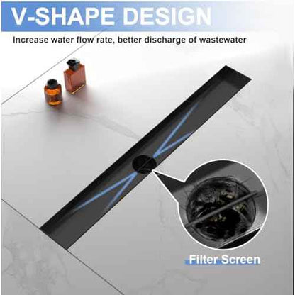 24-Inch Linear Shower Drain with Tile Insert Grate, SUS 304 Stainless Steel Linear Drain, Matte Black Long Rectangle Shower Floor Drain with Leveling Feet, Hair Strainer, Fits Bathroom