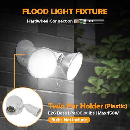 LUTEC 6 Pack Adjustable Twin Par Holder Outdoor Flood Lights, Switch Controlled Security Lights, Floodlights Fixture, Waterproof Exterior Max 300 Watt Par38 Flood Light for Garage, Yard, Porch-White
