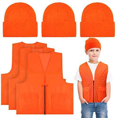 Jiuguva 6 Pcs Kids Hunting Safety Vest and Hat Set - Blaze Orange Construction Vest and Knitted Hat for Boys Girls