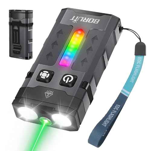 BORUIT EV20L LED Rechargeable Small EDC Flashlight with Green Beam,Pocket Keychain Flashlights with RGB Side Light,IP66 Waterproof,Clip & Tail Magnet for Outdoors Emergency Camping,Aluminum Black