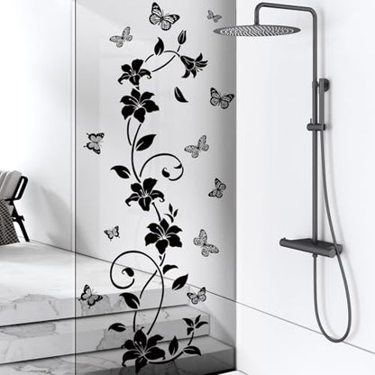 SHUCHING Black Flower Vine Butterfly Wall Decals Peel and Stick, Vinyl Simplicity Floral Wall Sticker, Wall Decor Art Home Decoration for Bedroom Living Room Office