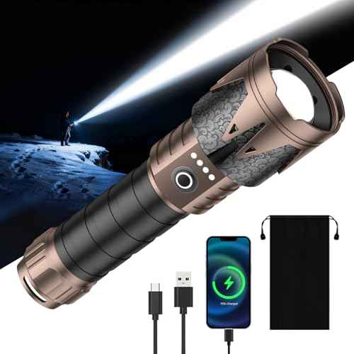 SKYFIRE LED Flashlights High Lumens Rechargeable,5000mAh Super Bright Tactical Flashlights,Zoomable,6 Modes,Waterproof Flash Light for Camping Essentials,Outdoor,Home,Gifts(Upgraded- No Lens)