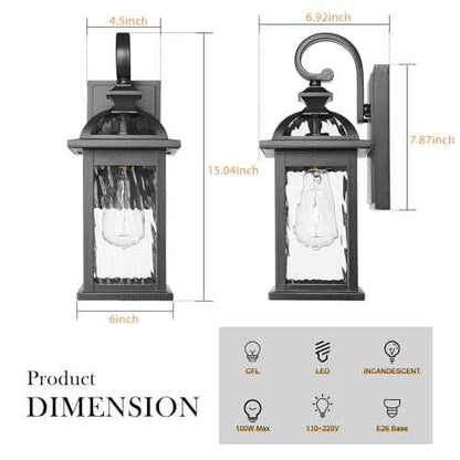 Darkaway Outdoor Lights Fixture Wall Mount, Exterior Wall Light with Water Ripple Glass Waterproof Black Outside Wall Sconce for House Porch Hallway Garage