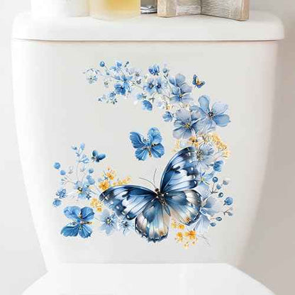 2 Sheets Blue Butterfly Flower Toilet Stickers, sacinora Butterflies Art Toilet Lid Decals Removable Vinyl Peel and Stick Wall Stickers for Bathroom Restroom WC Bathtubs Door Furniture Home Decoration