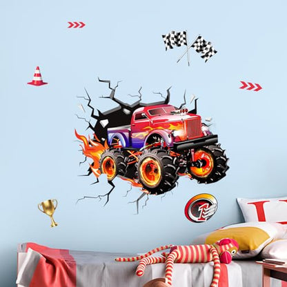 Supzone 3D Racing Car Wall Decals for Boys Room, Fast Racing Truck Break Through The Wall Vinyl Wall Sticker for Kids Room Nursery Playroom Classroom