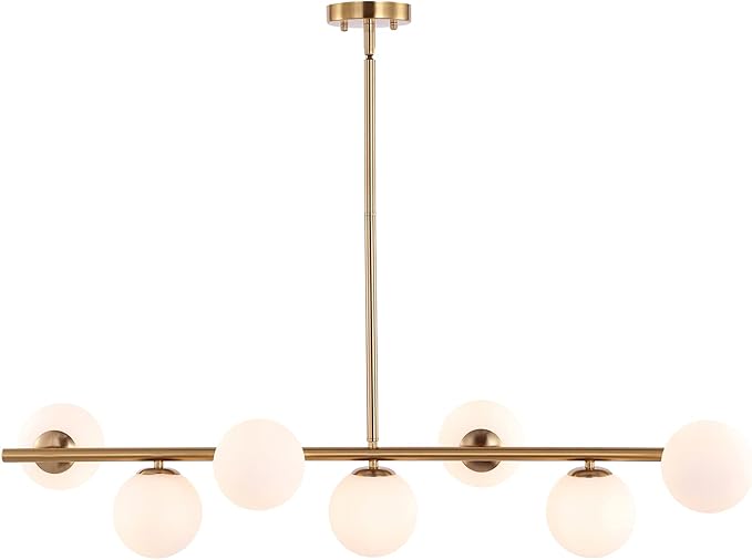 7 Lights Modern Sputnik Chandelier Globe White Glass Shade Brass Linear Mid Century Farmhouse Pendant Light Fixture for Kitchen Island Bedroom Dining Lighting (Gold)