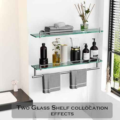 24-Inch Floating Tempered Glass Bathroom Shelf with Towel Bar - Chrome Polished & Stainless Steel, Wall Mount
