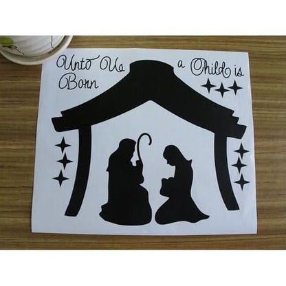 Large Christmas Nativity Scene Wall Decor Stickers Unto Us a Child is Born Nativity Vinyl Wall Decal - Christian Decor Mural YA296 (Black)