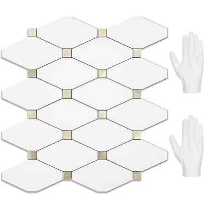 STICKGOO 10 Sheets Peel and Stick Backsplash, Pure White Marble Look PVC Mixed Metal Gold Kitchen Backsplash, Stick on Backsplash Wall Tiles for Kitchen, Bathroom, RV