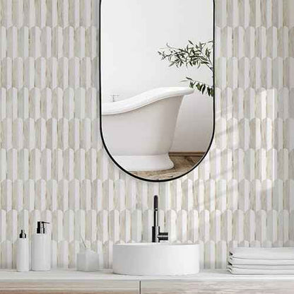 Vamos Tile Peel and Stick Backsplash Seamless Tile for Kitchen and Bathroom,White and Glossy Wooden Marble PVC Mixed Light Gold Self Adhesive Fish Scale Metal Mosaic Tiles (10 Sheets)