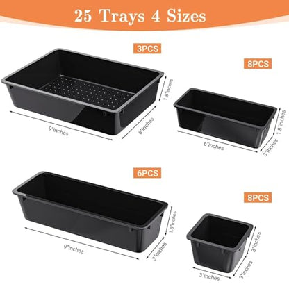 25 PCS Plastic Drawer Organizer Set, 4-Size Versatile Organizer Trays & storage Bins for Makeup, Jewelry, and Gadgets in Bathroom, Bedroom and Office, Black