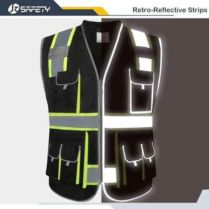 JKSafety 10 Pockets Hi-Vis Zipper Front Black Safety Vest | Cushioned Collar | High Reflective Tapes with Extended Neon Yellow Strips | Meets ANSI/ISEA Standards (X-Large, 89-Black)