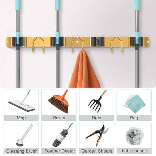 Mop Broom Holder Wall Mount, 2 Packs Gold Stainless Steel Tool Storage Organizer for Kitchen Garden Garage Laundry Room Bathroom and RV with 4 Slots 6 Hooks