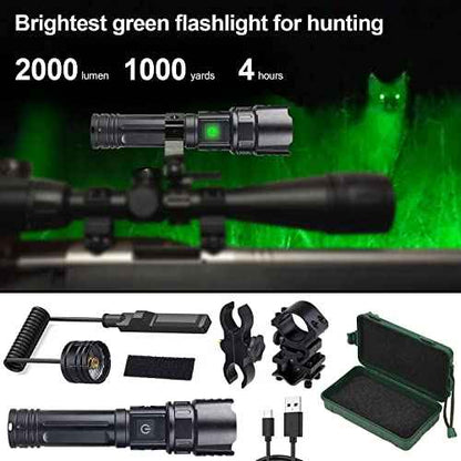 VASTFIRE USB-C Rechargeable Green Flashlight Zoomable 1000 Yard Pressure Switch Scope Rail Mount Hogs Predators Night Hunting