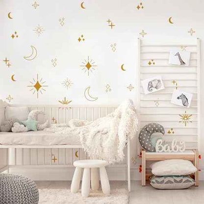 Large Gold Star Moon and Sun Wall Decal, Vinyl Starburst Wall Stickers Decor, Boho Wall Decals Peel and Stick for Kids Bedroom Home Nursery Classroom Decoration