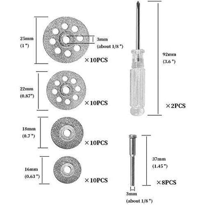40Pcs Diamond Cutting Wheel Kit 545 Cut Off Discs Coated for Rotary Tools with 8 Pcs 3mm Mandrel and 2 Pcs Cross Crystal Screwdriver for Cutting Gem Stones, Ceramics, Glass (25/22/18/16mm Each 10Pcs)